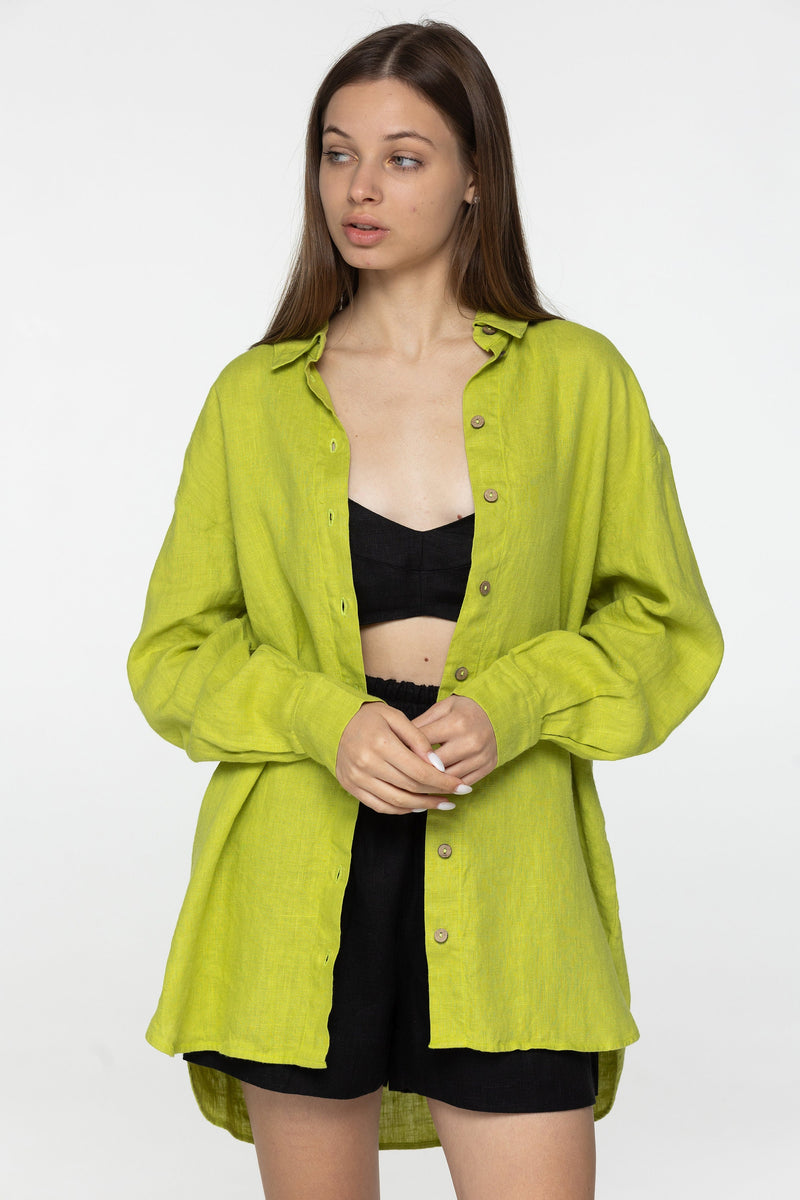 Lime long sleeve linen shirt Kaia Casual oversized button down blouse Loose linen blouse Coconut buttons Mom gift Custom sizes