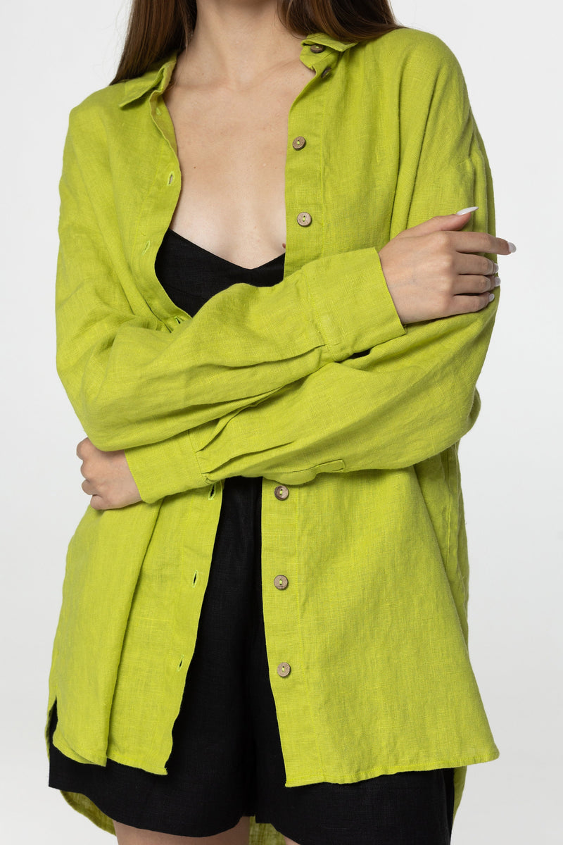 Lime long sleeve linen shirt Kaia Casual oversized button down blouse Loose linen blouse Coconut buttons Mom gift Custom sizes