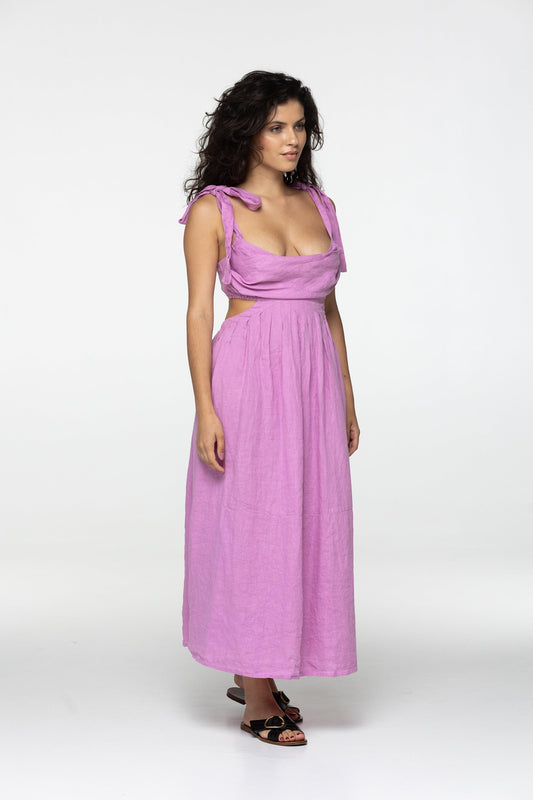 Flamingo linen dress Amelia Plunging neckline open back long linen dress with ties Romantic pink linen dress with pockets Custom size