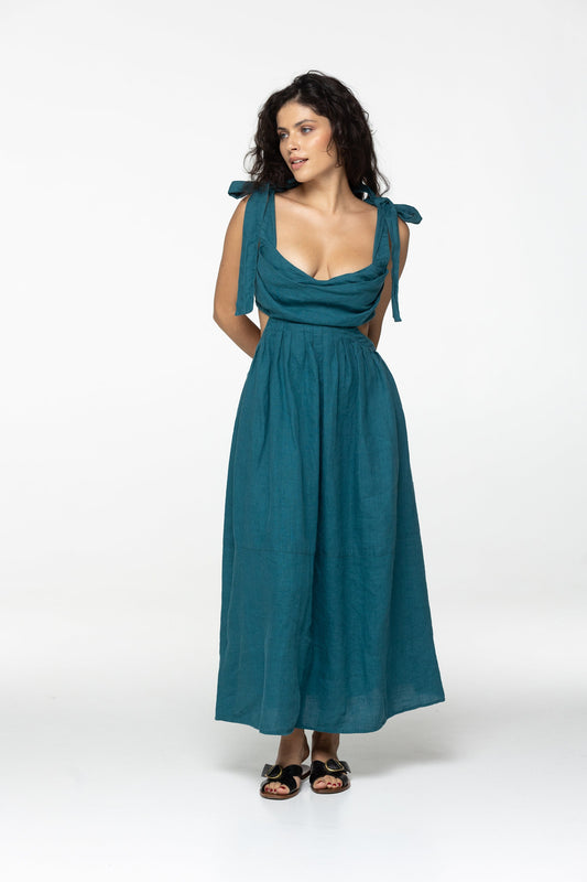 Teal linen dress Amelia Plunging neckline open back long linen dress with ties Romantic blue linen dress with pockets Custom size