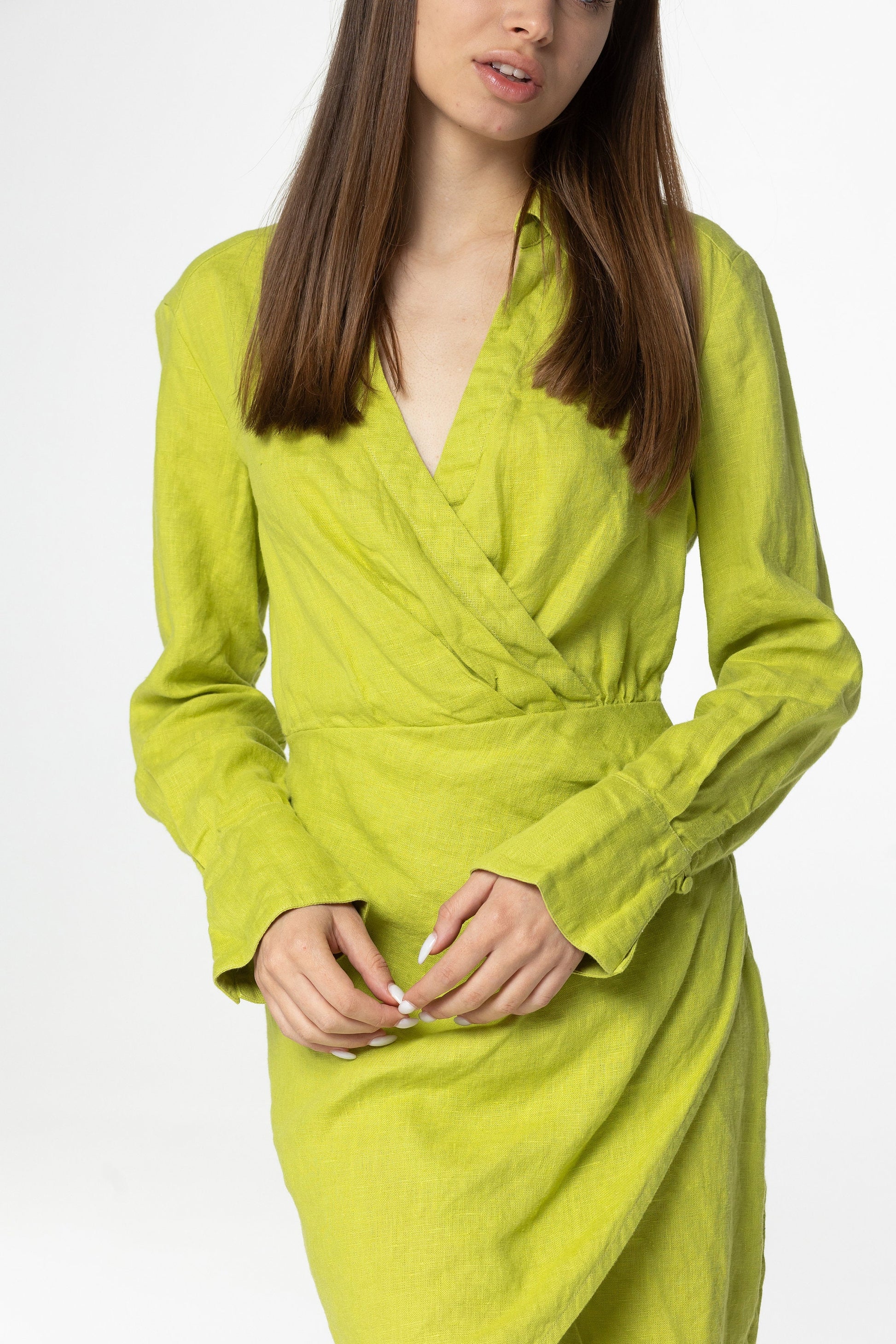 Lime linen mini dress Scarlett Linen v neck long shirt sleeves blouse style dress Short green linen dress wrap looking Plus sizes