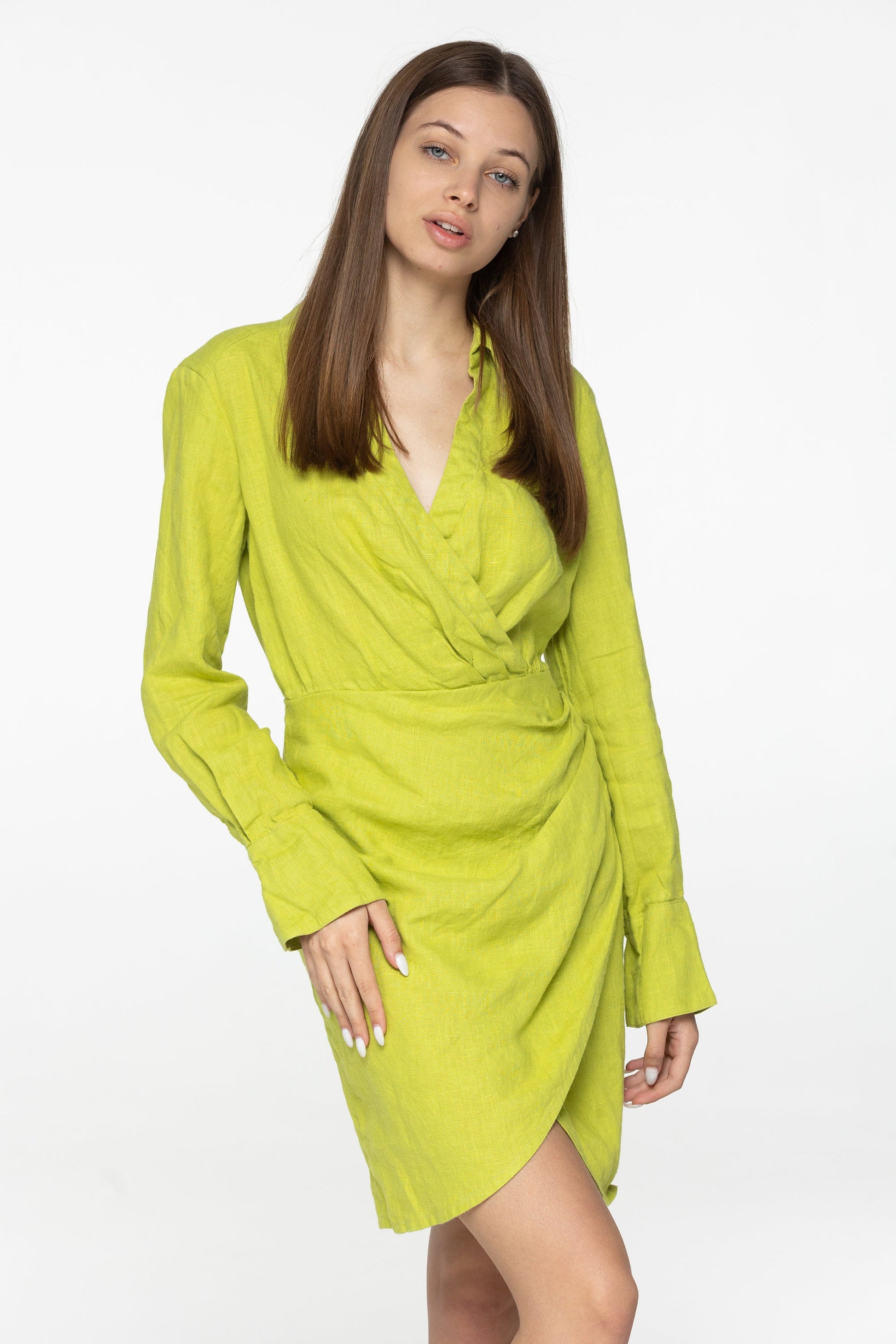 Lime linen mini dress Scarlett Linen v neck long shirt sleeves blouse style dress Short green linen dress wrap looking Plus sizes