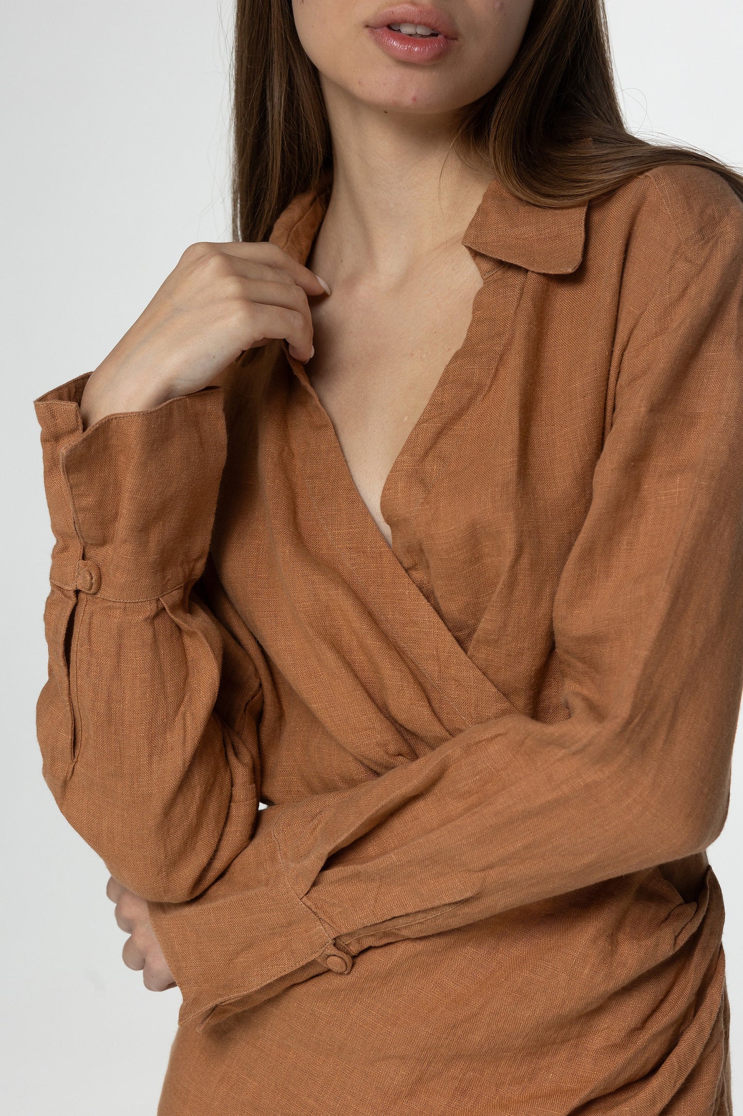 Almond linen mini dress Scarlett Linen v neck long shirt sleeves blouse style dress Short brown linen dress wrap looking Plus sizes