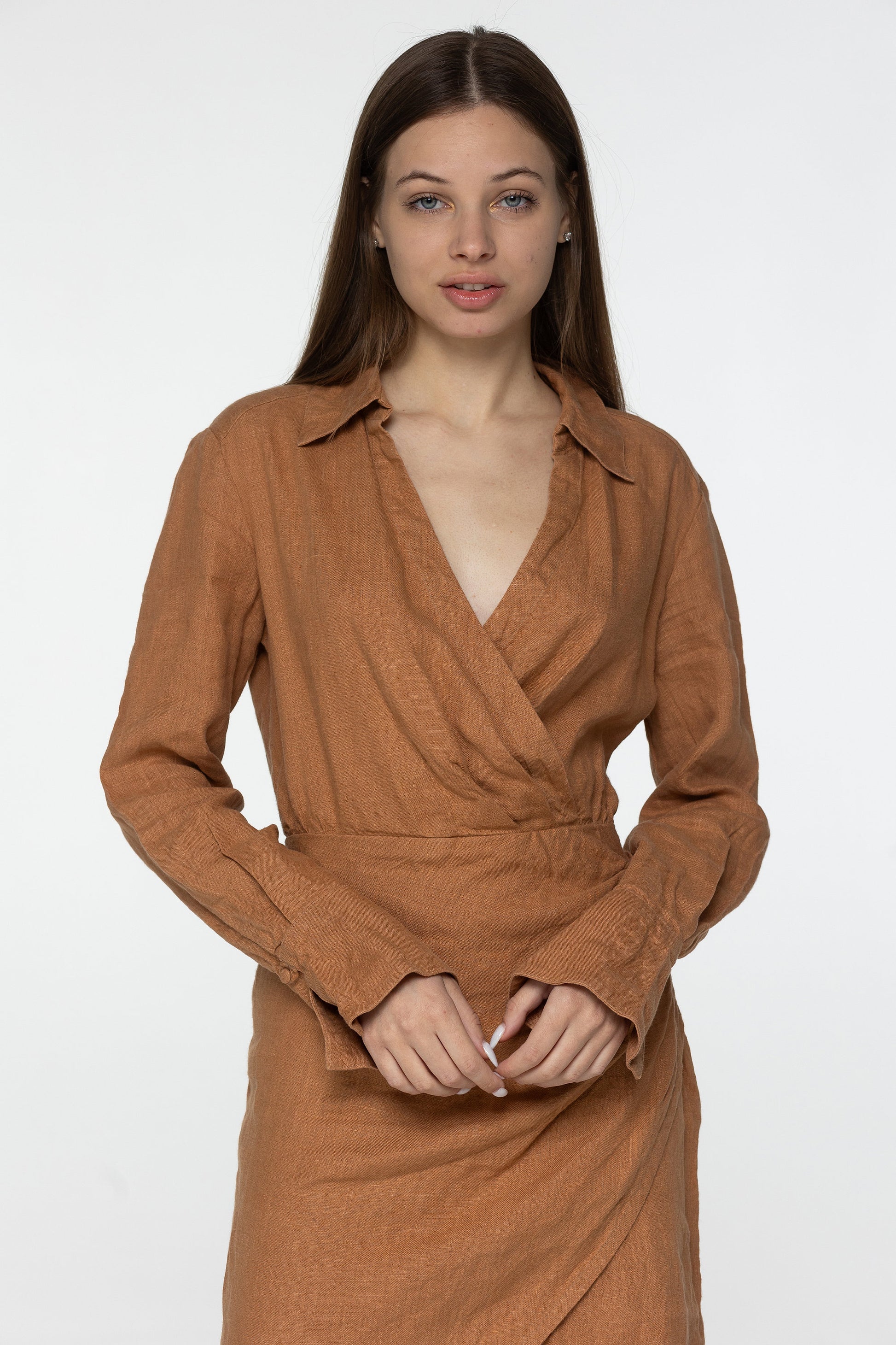 Almond linen mini dress Scarlett Linen v neck long shirt sleeves blouse style dress Short brown linen dress wrap looking Plus sizes