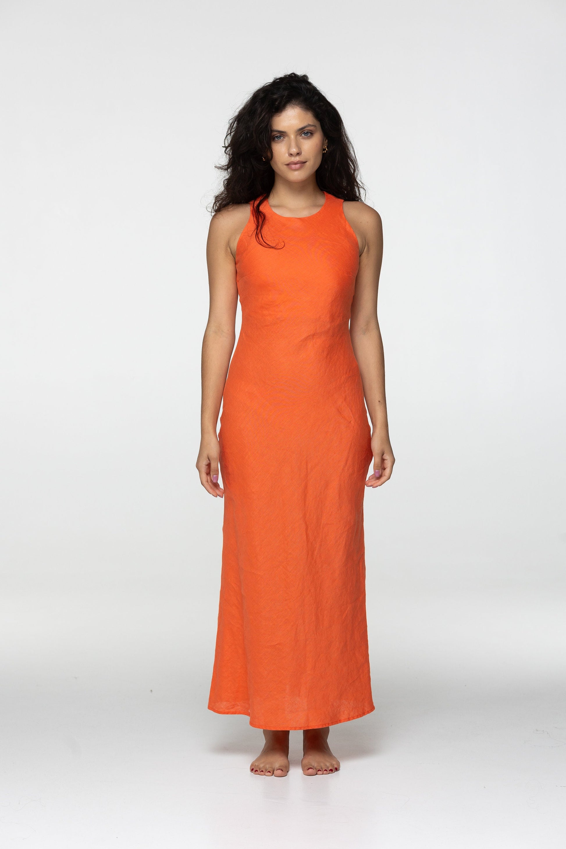 Tangerine linen midi slip dress Luna Long simple camisole dress Simple basic summer dress Minimalist casual pure linen dress Custom size