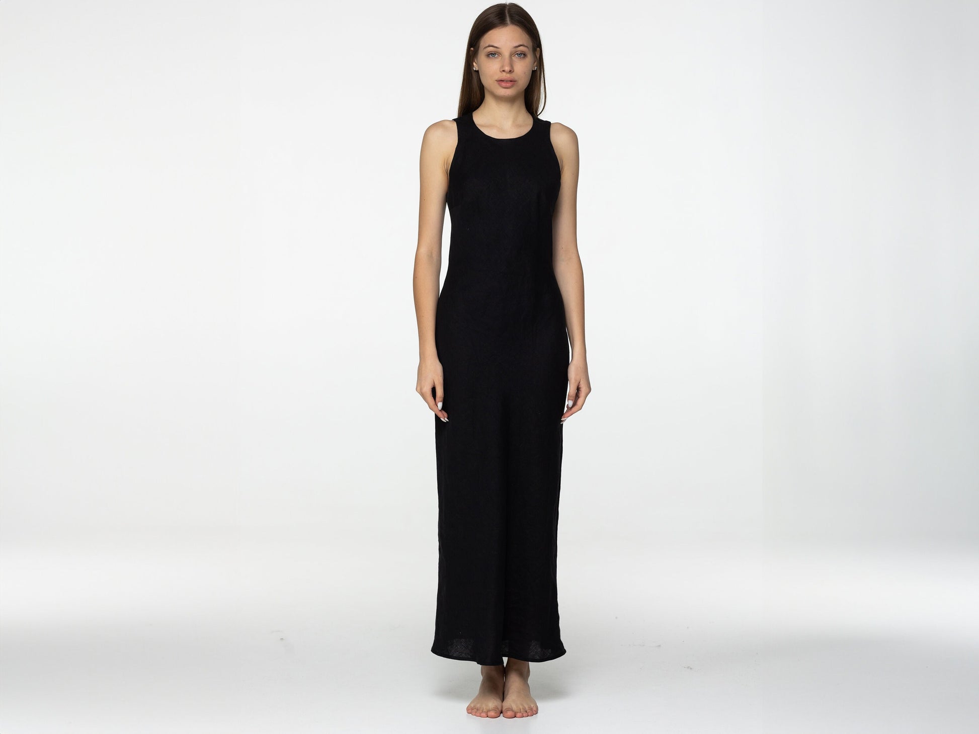 Black linen midi slip dress Luna Long simple camisole dress Simple basic summer dress Minimalist casual pure linen dress Custom size