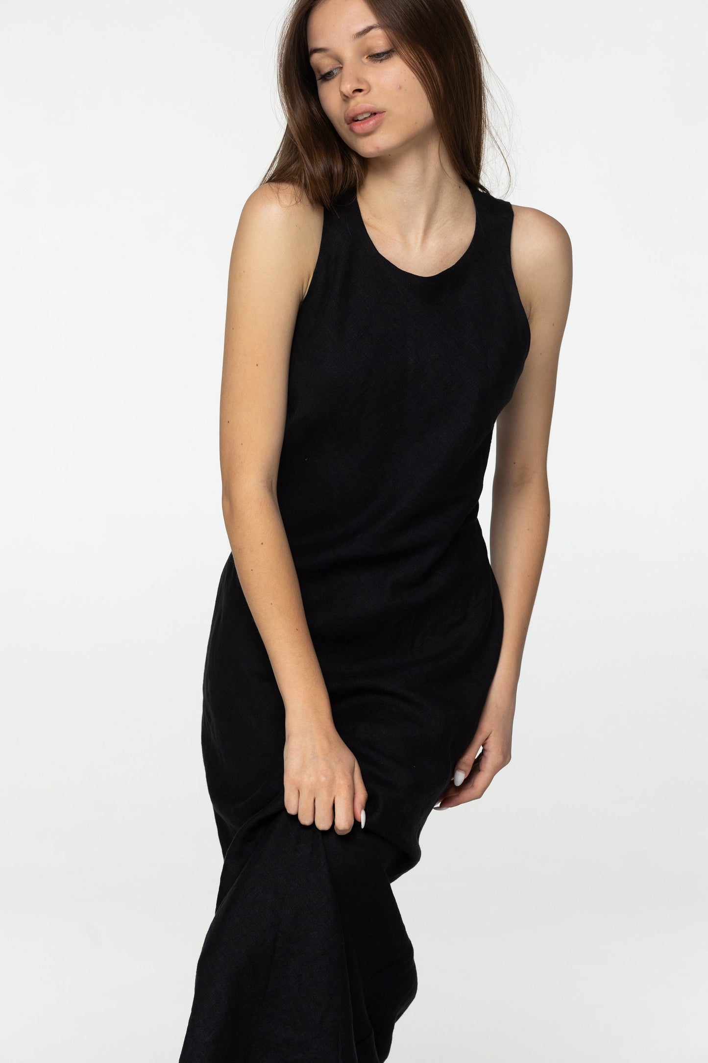 Black linen midi slip dress Luna Long simple camisole dress Simple basic summer dress Minimalist casual pure linen dress Custom size