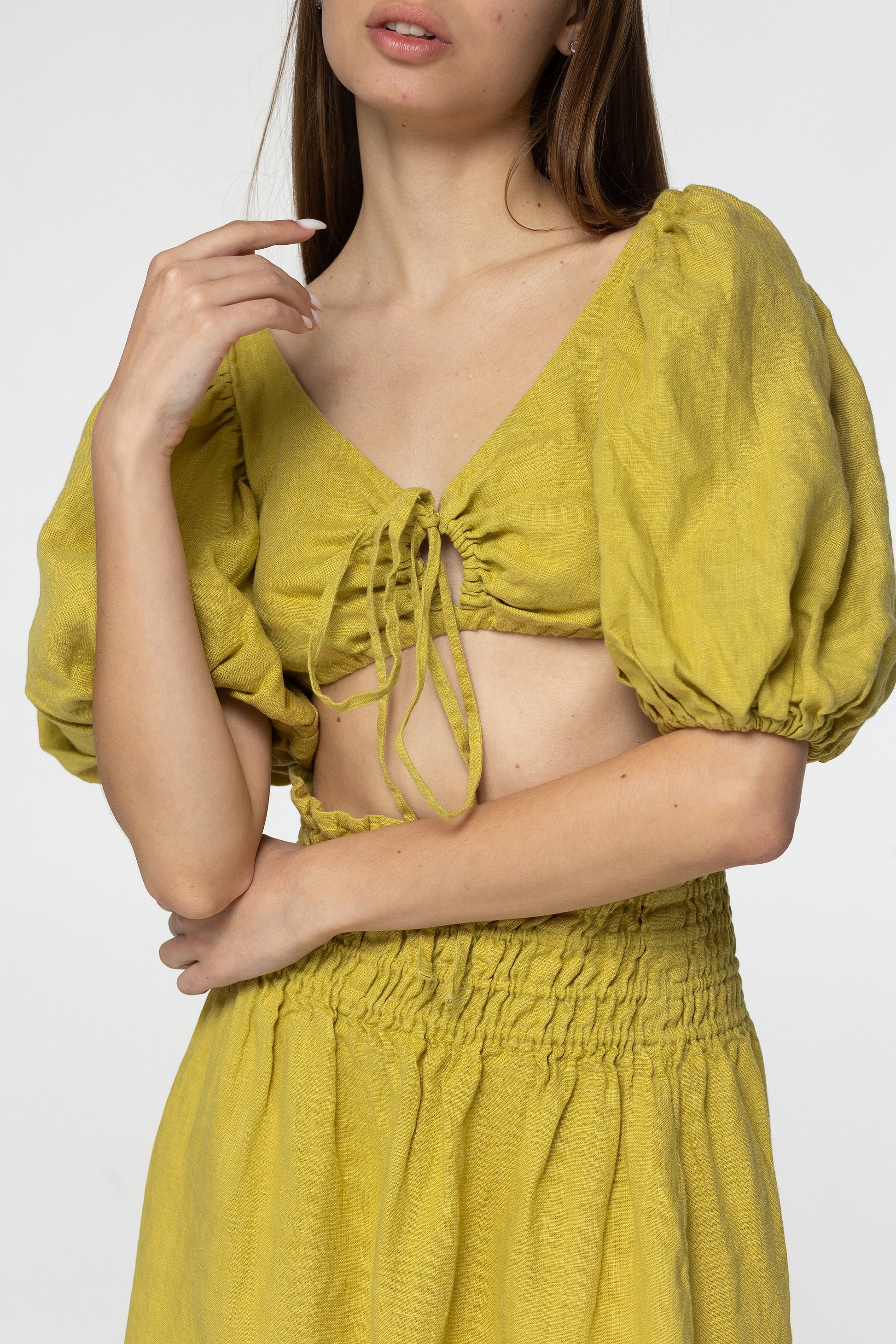 Lemon linen wrap crop top Jasmine Flax romantic open back top Linen clothing Elegant blouse with puffed sleeves Blue tie back top