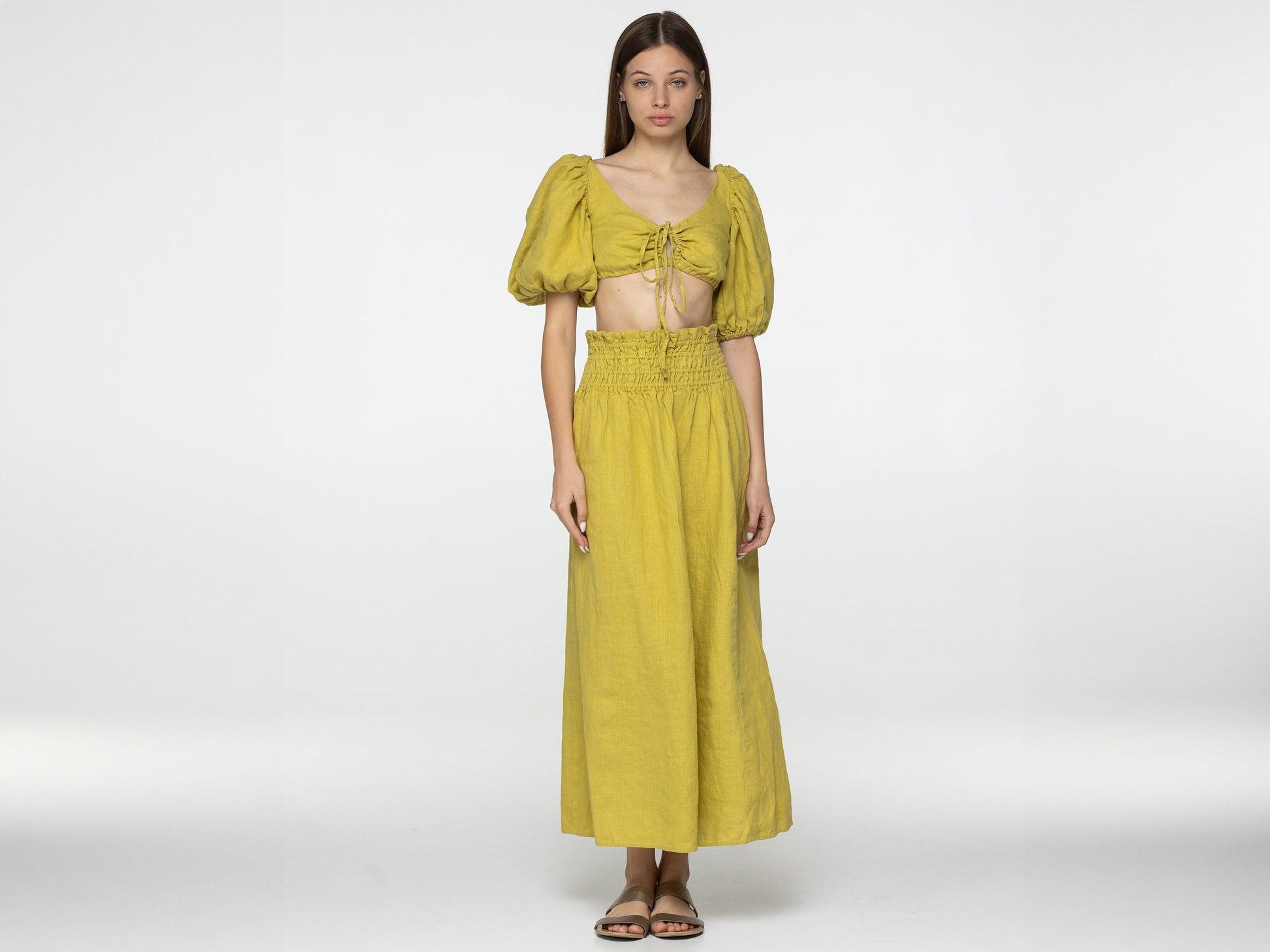 Lemon linen wrap crop top Jasmine Flax romantic open back top Linen clothing Elegant blouse with puffed sleeves Blue tie back top