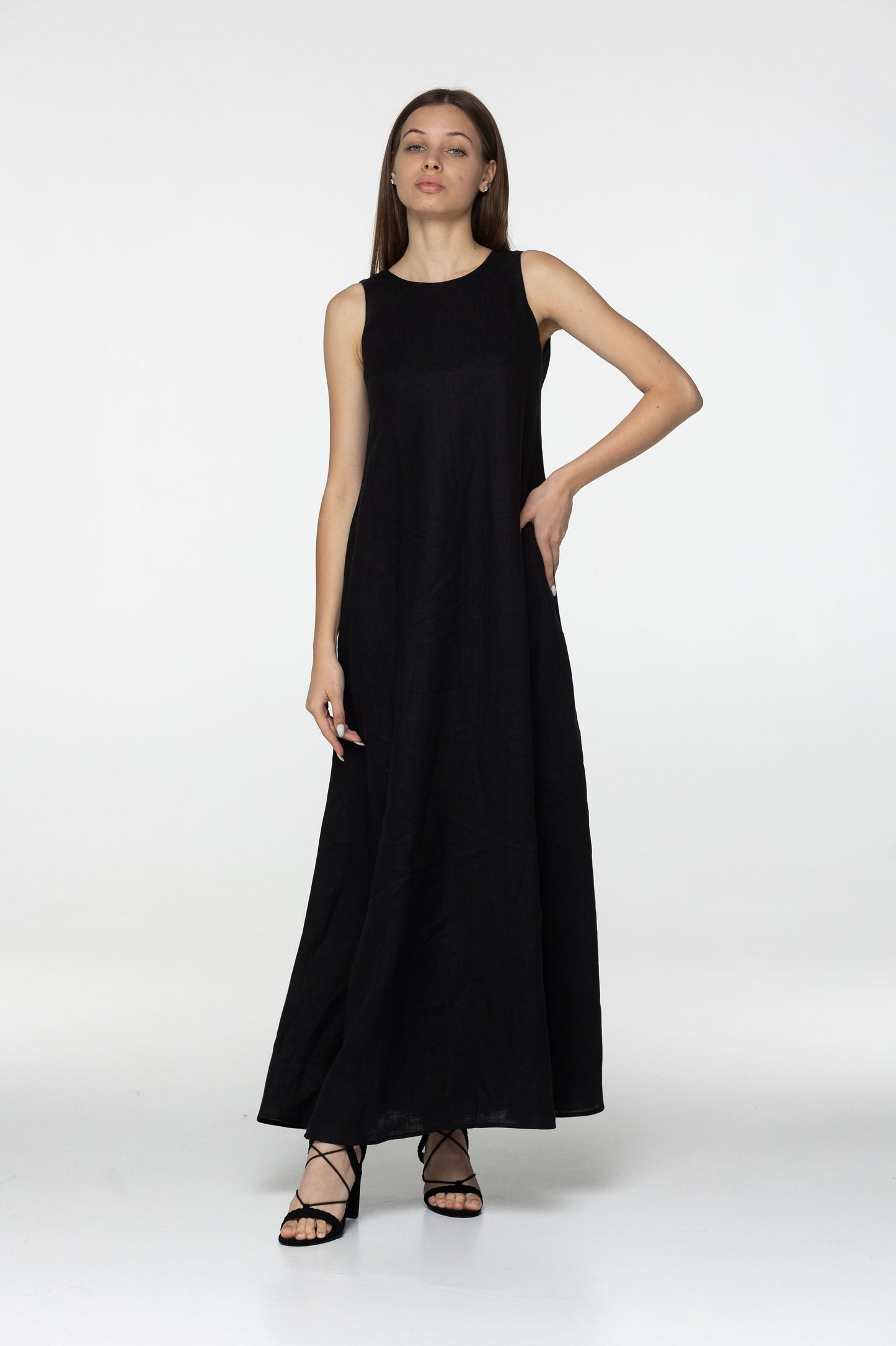 Black linen maxi flare dress Alice Black long simple loose dress Simple basic summer dress Minimalist casual pure linen dress Custom size