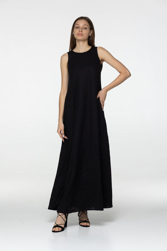 Black linen maxi flare dress Alice Black long simple loose dress Simple basic summer dress Minimalist casual pure linen dress Custom size