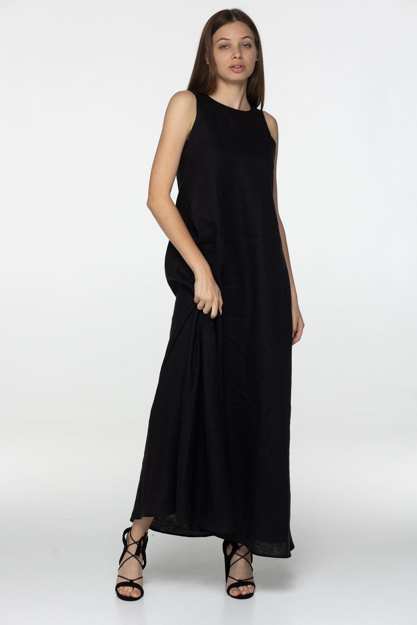 Black linen maxi flare dress Alice Black long simple loose dress Simple basic summer dress Minimalist casual pure linen dress Custom size