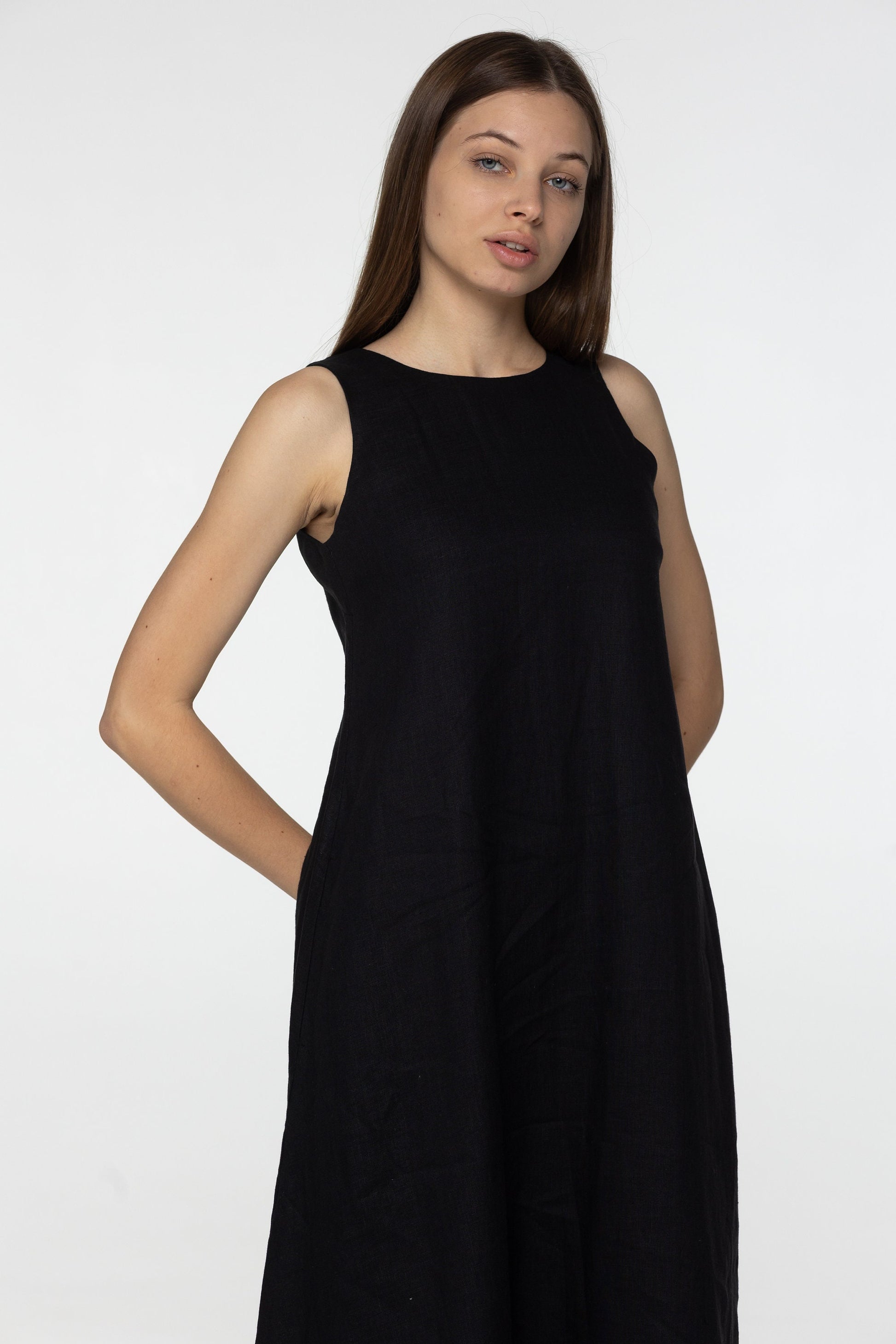 Black linen maxi flare dress Alice Black long simple loose dress Simple basic summer dress Minimalist casual pure linen dress Custom size