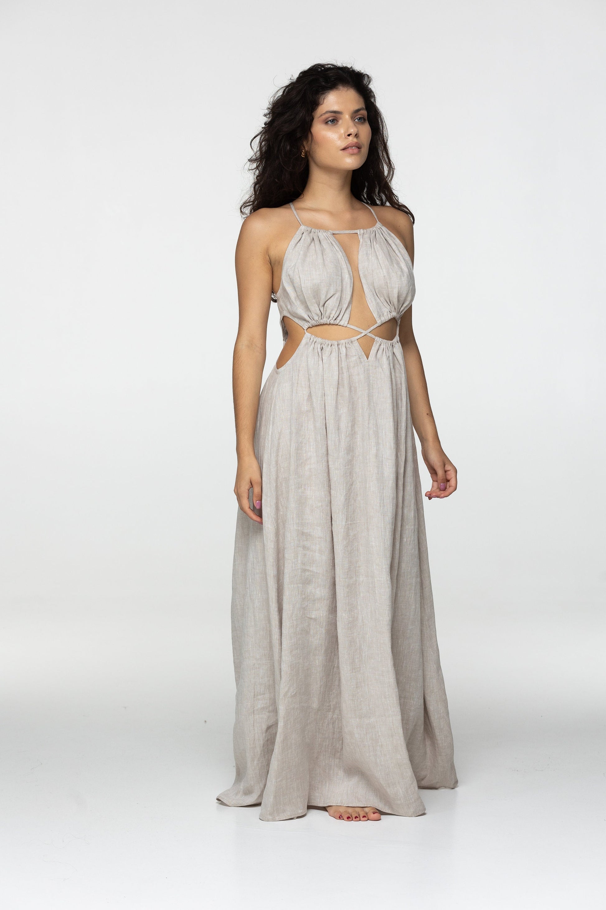 Sand linen dress Eve Goddess open back long linen dress with ties Burning man festival romantic undyed linen Coachella dress Custom size