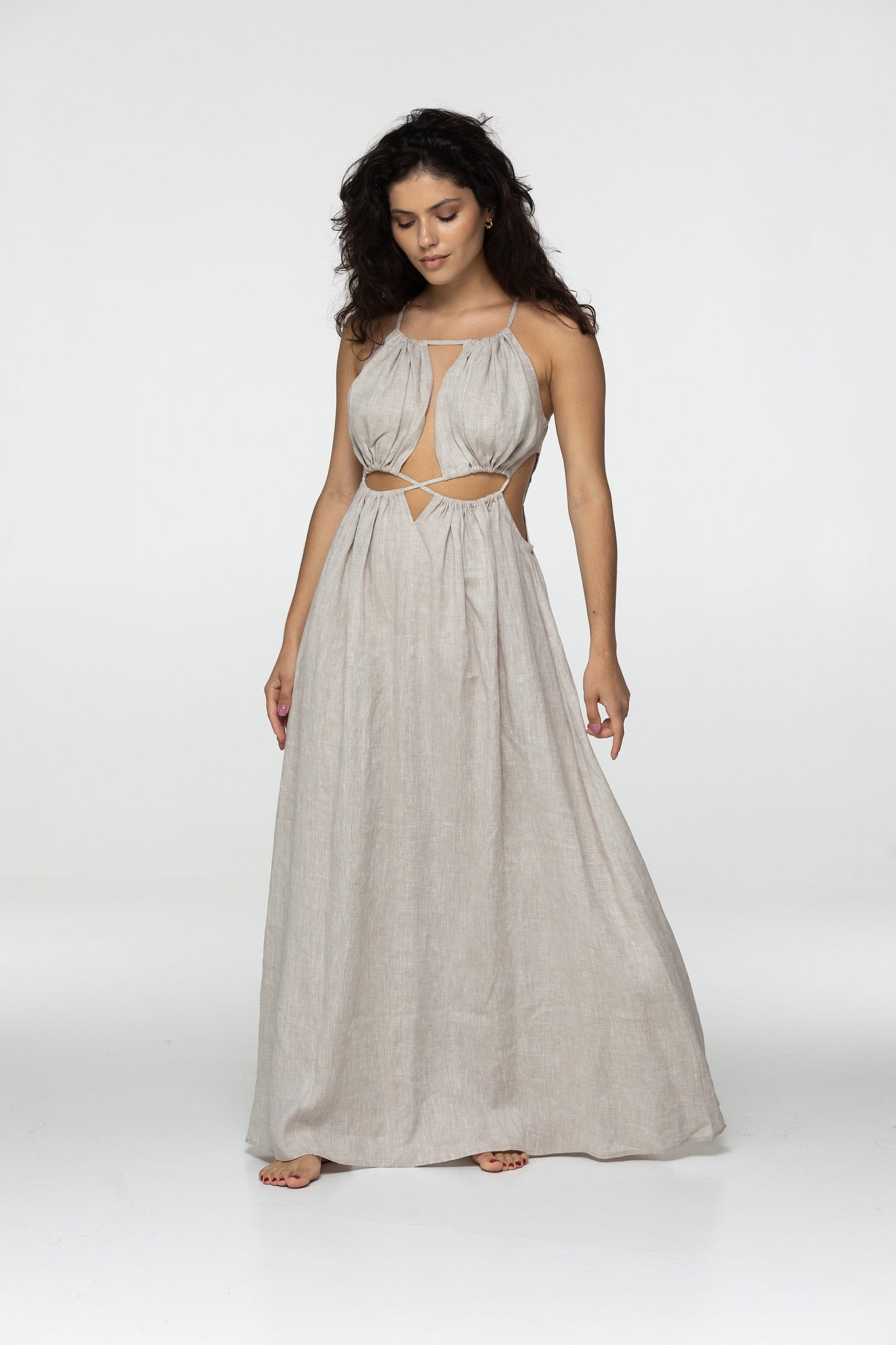 Sand linen dress Eve Goddess open back long linen dress with ties Burning man festival romantic undyed linen Coachella dress Custom size