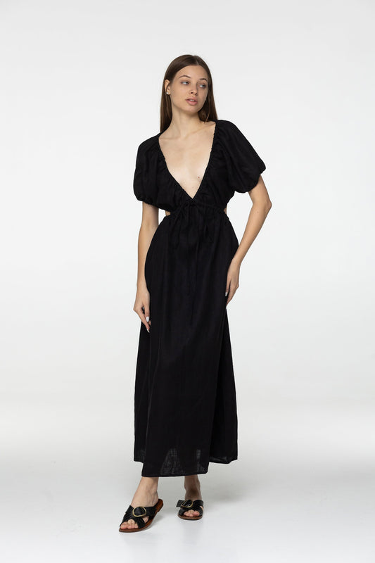 Black linen dress Flora Plunging neckline open back long linen dress with puffy sleeves Low cut linen dress with plunge back Custom sizes