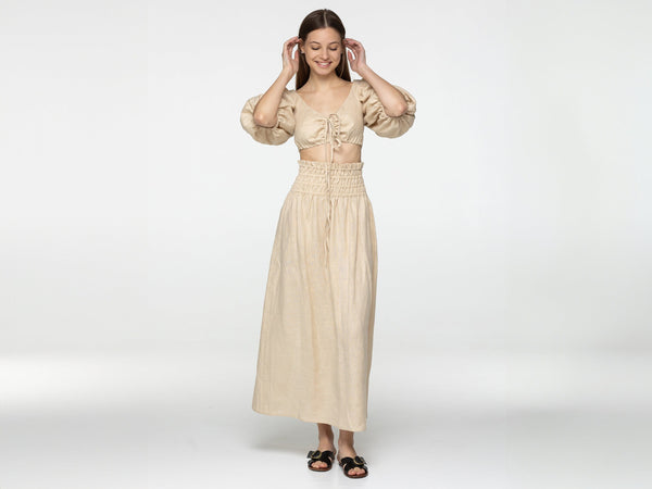 Loose Oat linen maxi skirt Kiara Wide comfortable elastic waistband High waist romantic linen skirts with slit Custom Plus size