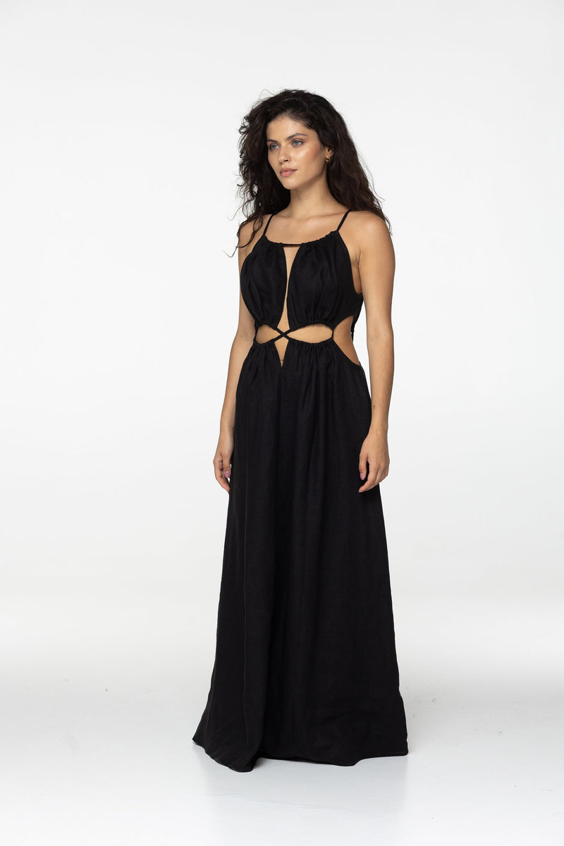 Black linen dress Eve Goddess open back long linen dress with ties Burning man festival romantic black linen Coachella dress Custom size