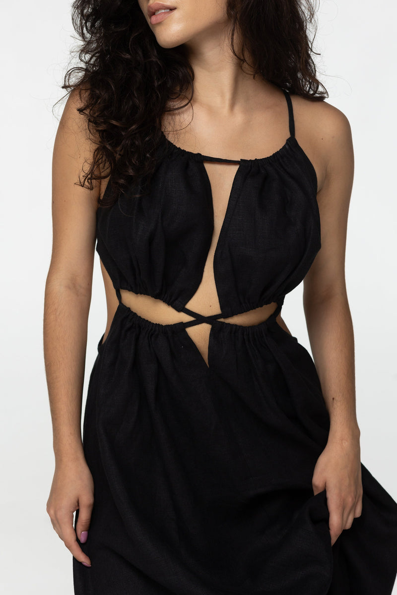 Black linen dress Eve Goddess open back long linen dress with ties Burning man festival romantic black linen Coachella dress Custom size