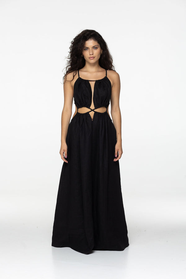 Black linen dress Eve Goddess open back long linen dress with ties Burning man festival romantic black linen Coachella dress Custom size