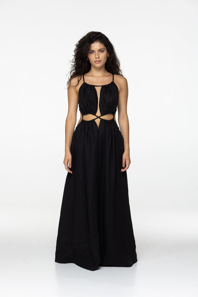 Black linen dress Eve Goddess open back long linen dress with ties Burning man festival romantic black linen Coachella dress Custom size