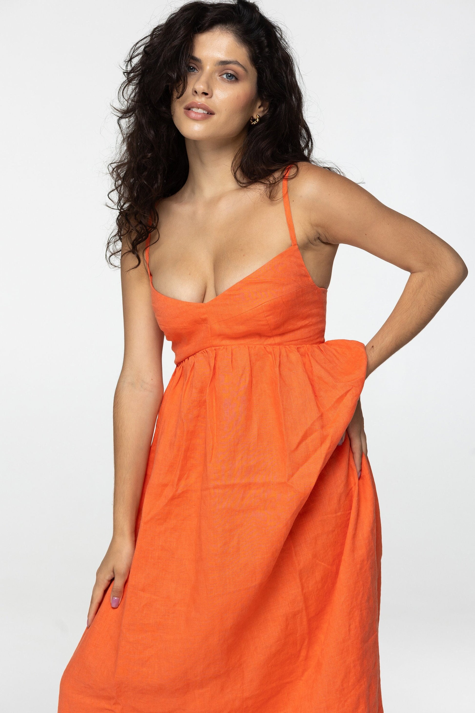 Tangerine linen maxi slip dress Jane Long strap cami dress Simple basic summer dress Minimalist casual pure linen dress Custom size