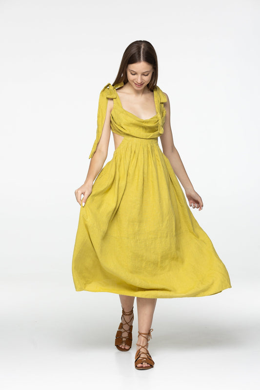 Lemon linen dress Amelia Plunging neckline open back long linen dress with ties Romantic yellow linen dress with pockets Custom size