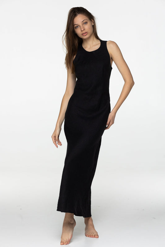 Black linen midi slip dress Luna Long simple camisole dress Simple basic summer dress Minimalist casual pure linen dress Custom size