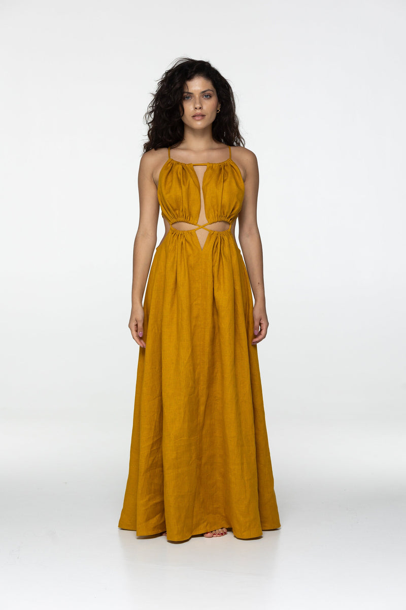 Amber linen dress Eve Goddess open back long linen dress with ties Burning man festival romantic yellow linen Coachella dress Custom size