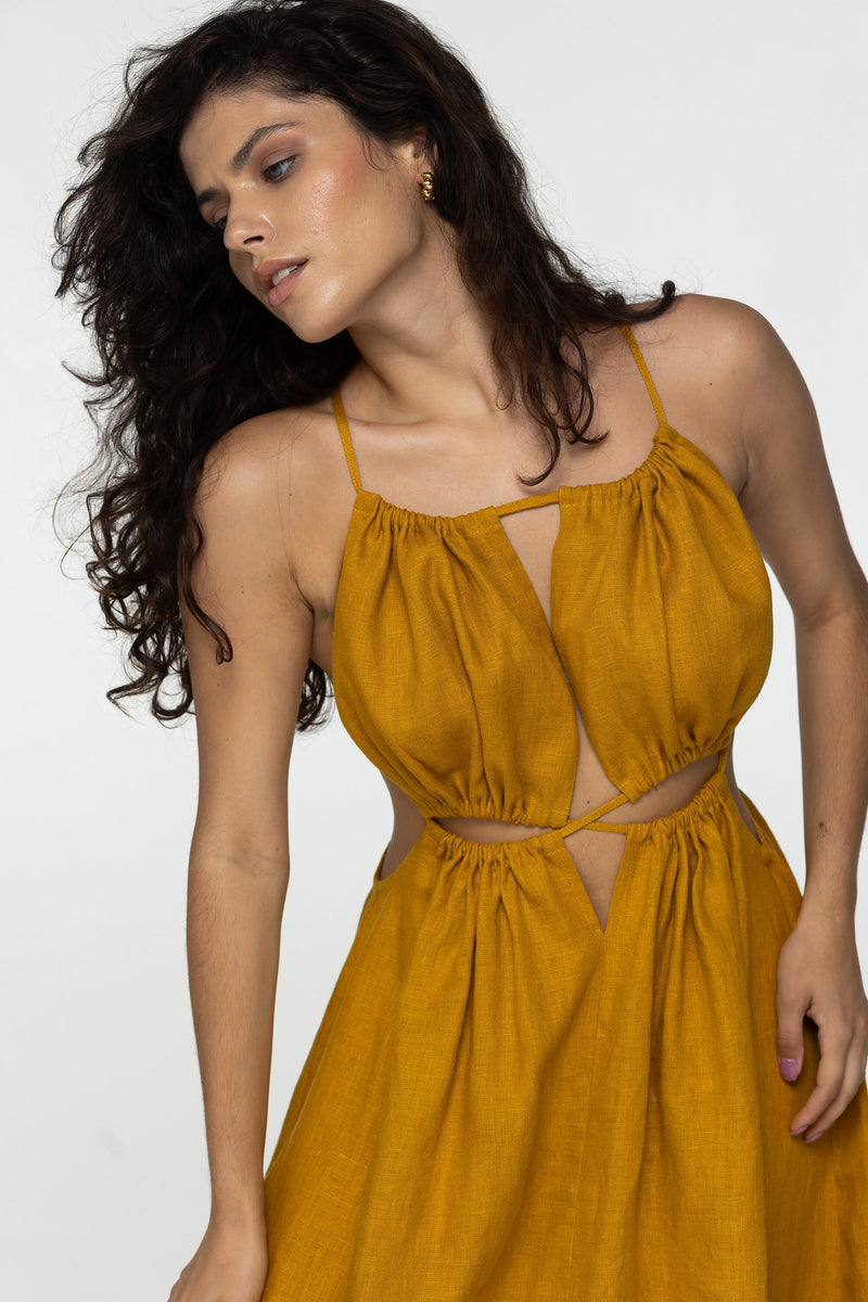 Amber linen dress Eve Goddess open back long linen dress with ties Burning man festival romantic yellow linen Coachella dress Custom size