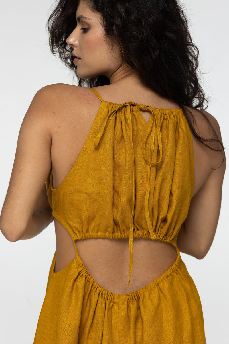 Amber linen dress Eve Goddess open back long linen dress with ties Burning man festival romantic yellow linen Coachella dress Custom size