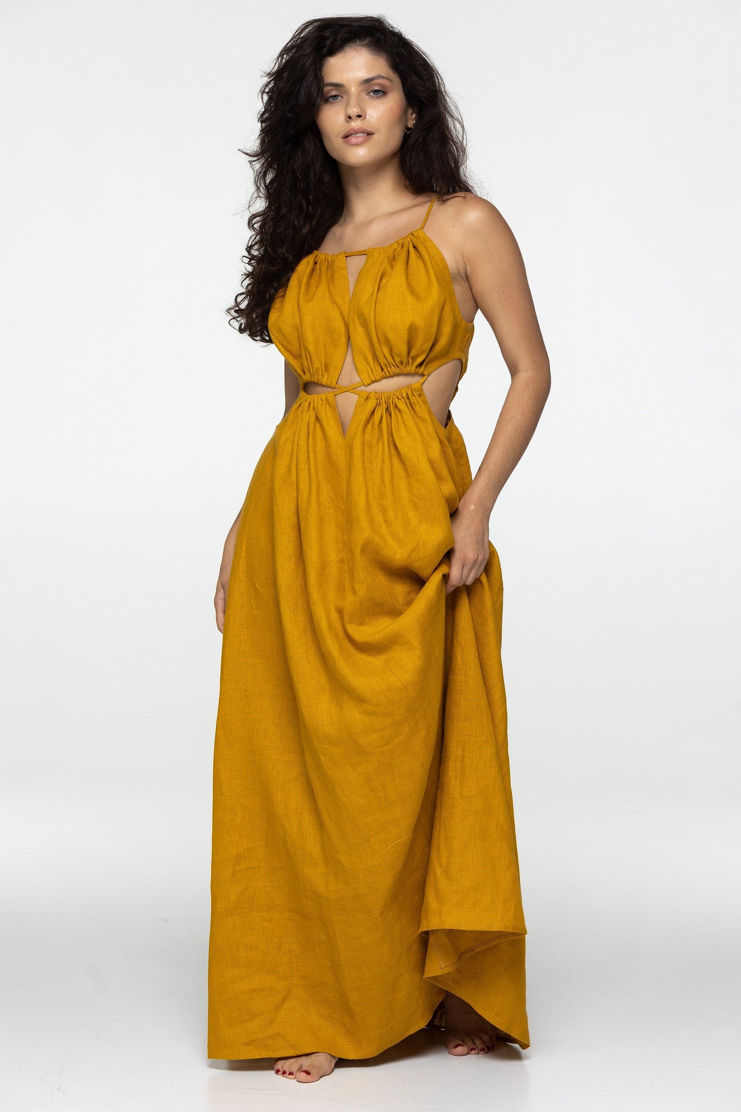 Amber linen dress Eve Goddess open back long linen dress with ties Burning man festival romantic yellow linen Coachella dress Custom size