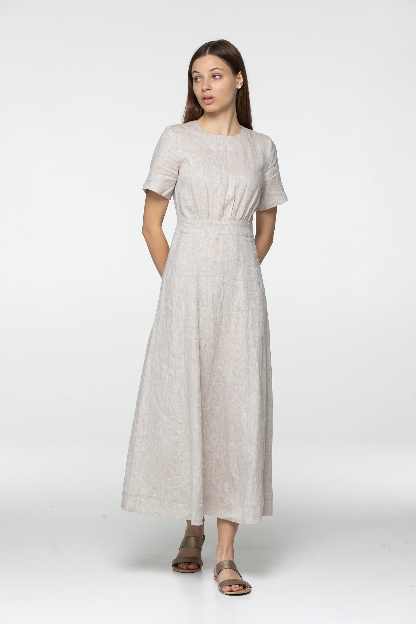 Sand linen midi t shirt dress Fiona Long simple dress Simple basic summer dress Minimalist casual pure undyed linen dress Custom size