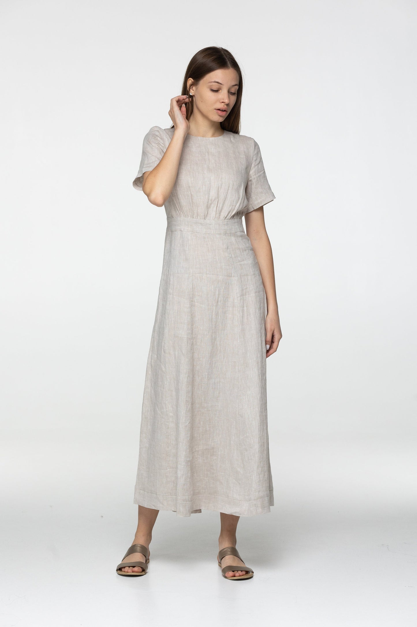 Sand linen midi t shirt dress Fiona Long simple dress Simple basic summer dress Minimalist casual pure undyed linen dress Custom size
