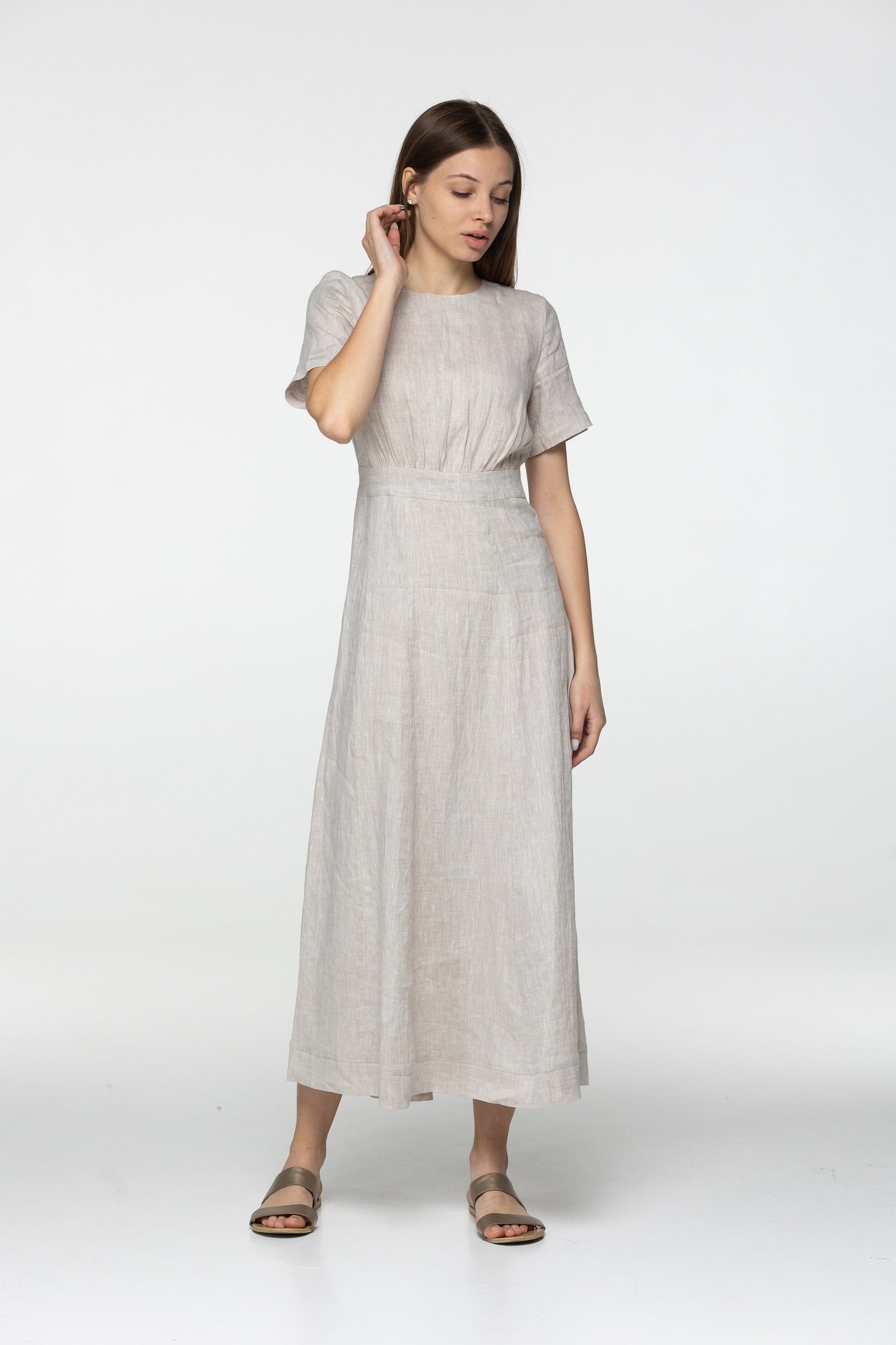 Sand linen midi t shirt dress Fiona Long simple dress Simple basic summer dress Minimalist casual pure undyed linen dress Custom size
