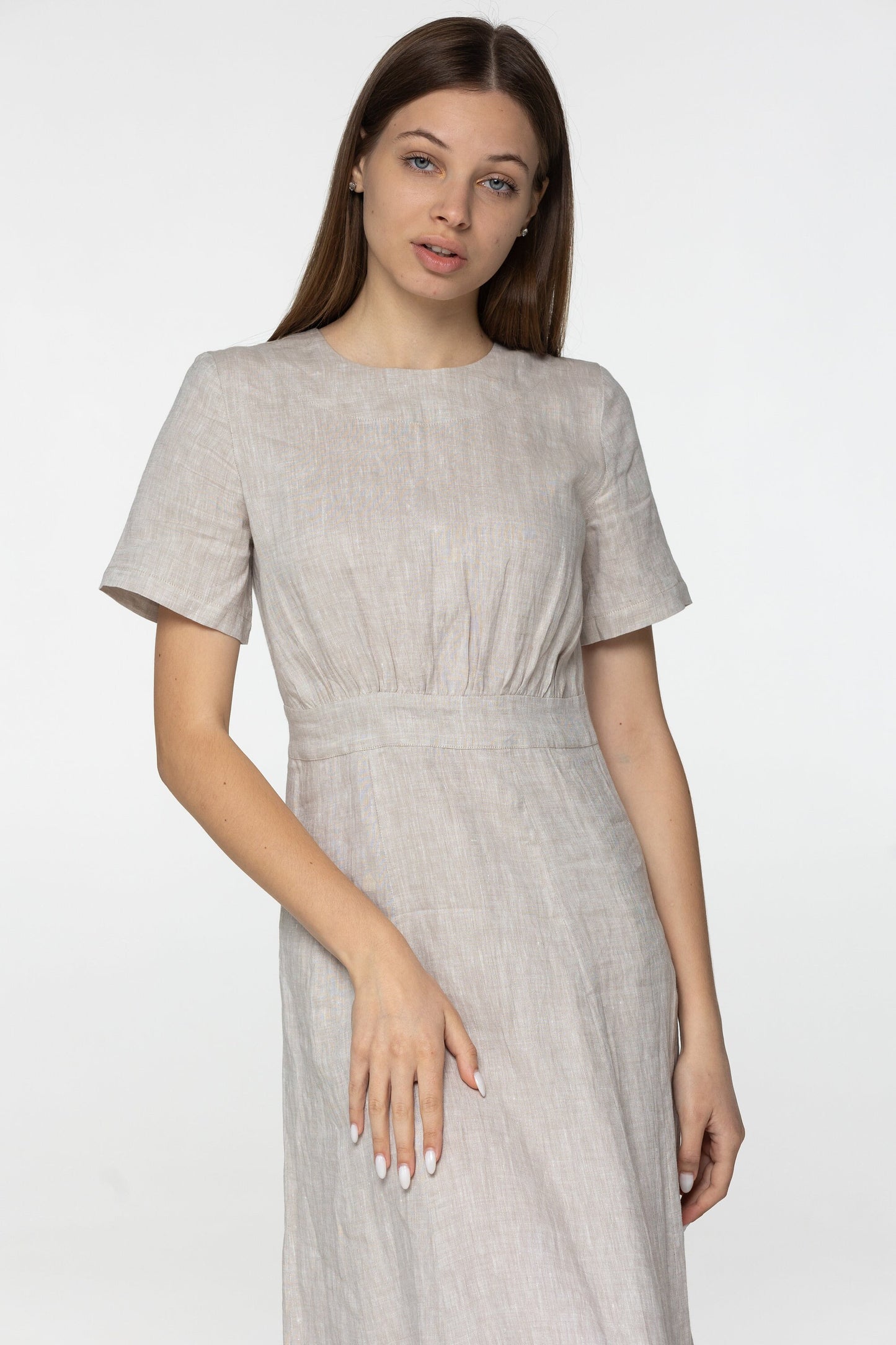 Sand linen midi t shirt dress Fiona Long simple dress Simple basic summer dress Minimalist casual pure undyed linen dress Custom size