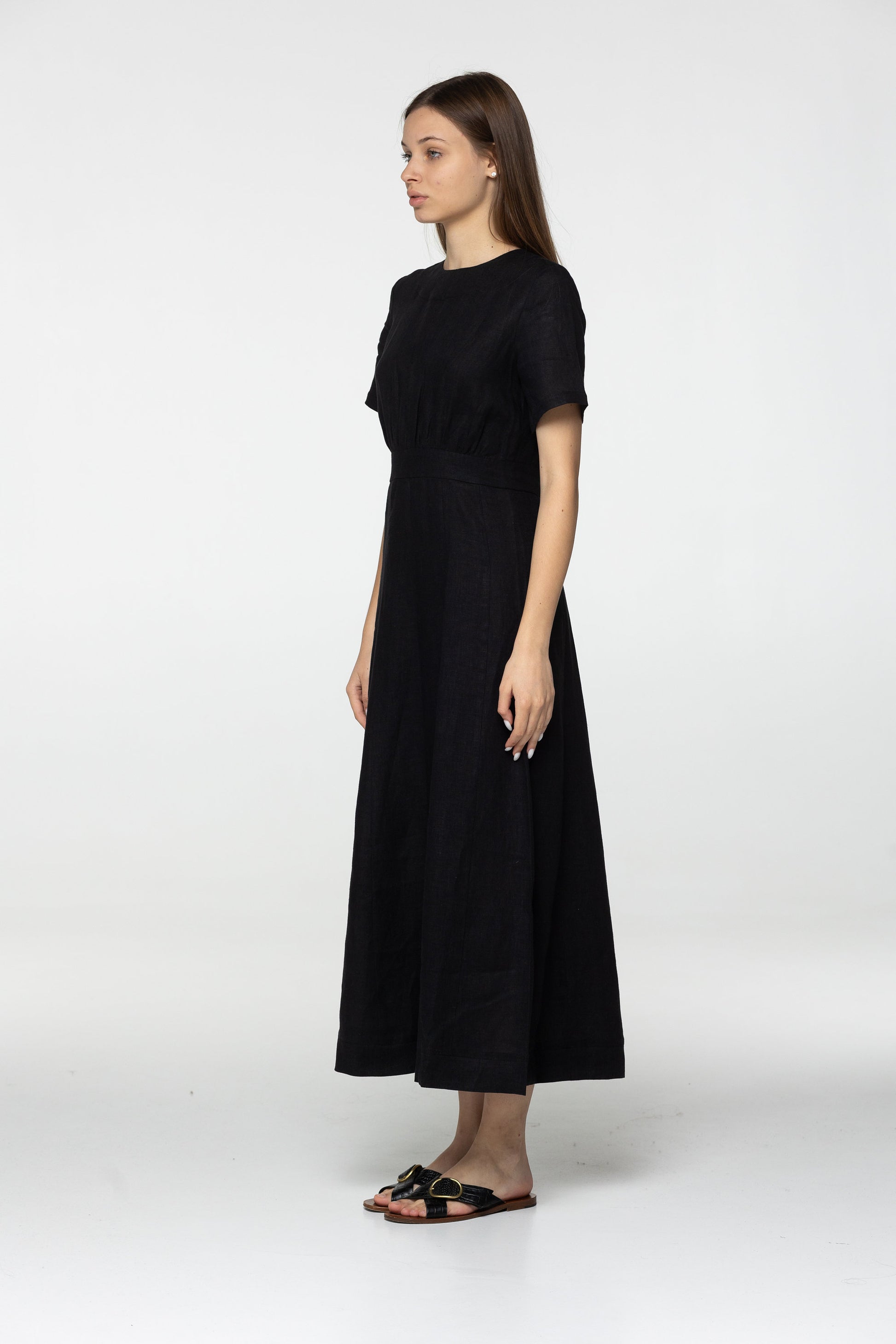 Black linen midi t shirt dress Fiona Long simple dress Simple basic summer dress Minimalist casual pure black linen dress Custom size