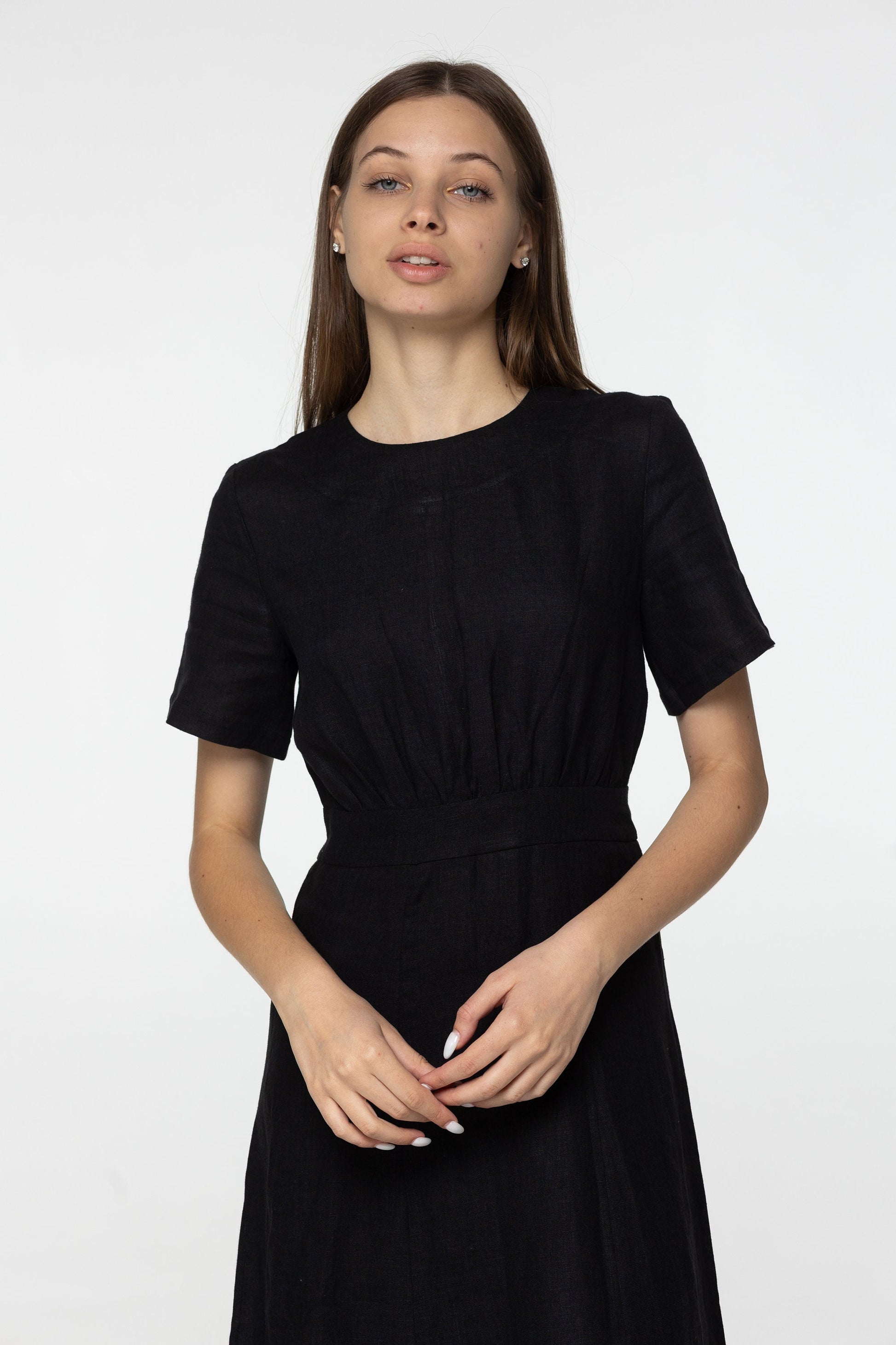 Black linen midi t shirt dress Fiona Long simple dress Simple basic summer dress Minimalist casual pure black linen dress Custom size