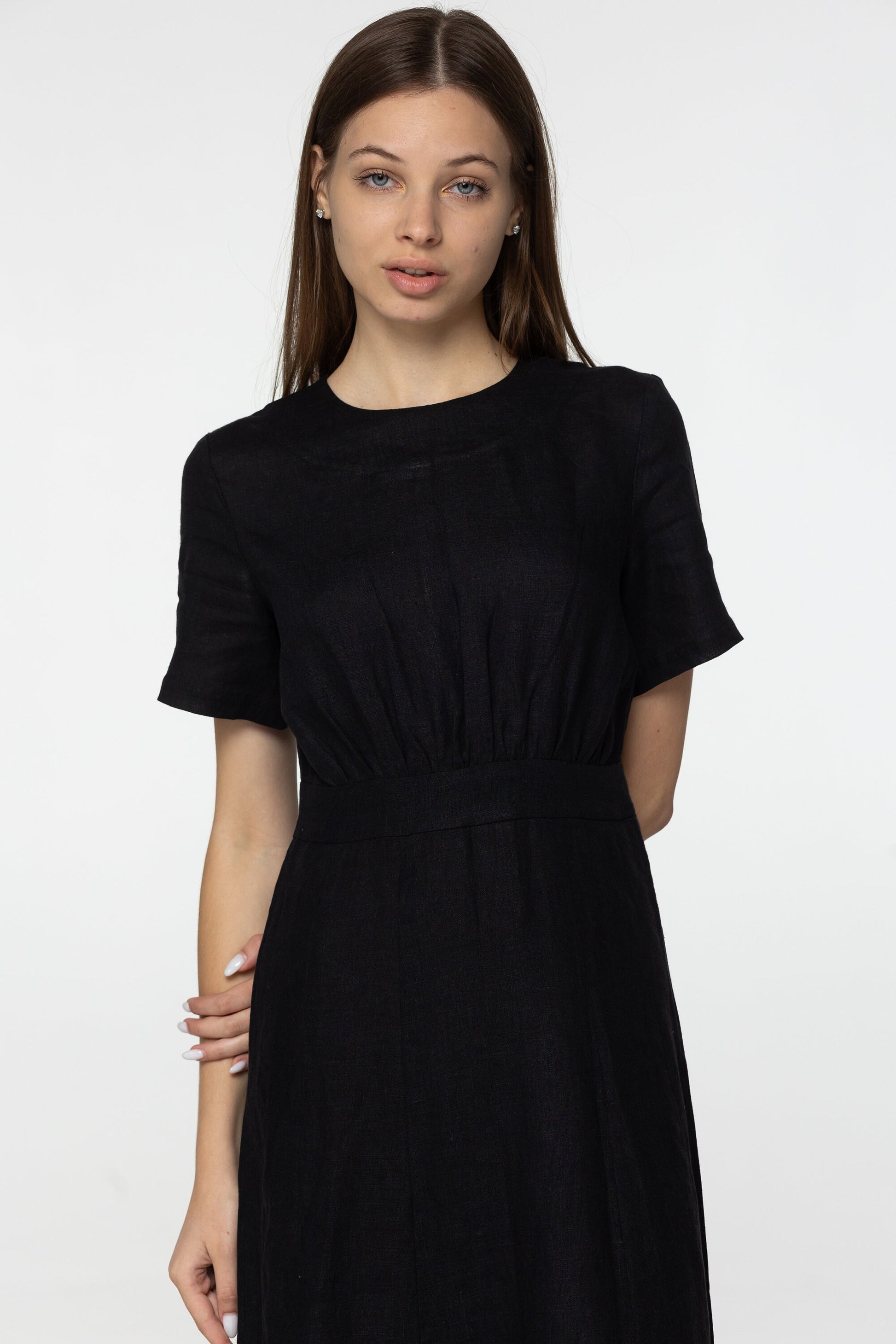 Black linen midi t shirt dress Fiona Long simple dress Simple basic summer dress Minimalist casual pure black linen dress Custom size