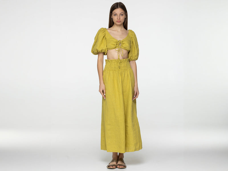 Citron linen set of wrap crop top and maxi skirt Kiara set Open back top with puffed sleeves loose high waist skirt Yellow linen clothing