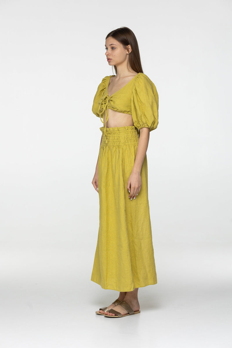 Citron linen set of wrap crop top and maxi skirt Kiara set Open back top with puffed sleeves loose high waist skirt Yellow linen clothing