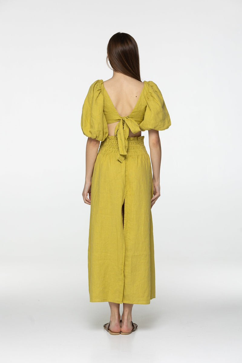Citron linen set of wrap crop top and maxi skirt Kiara set Open back top with puffed sleeves loose high waist skirt Yellow linen clothing