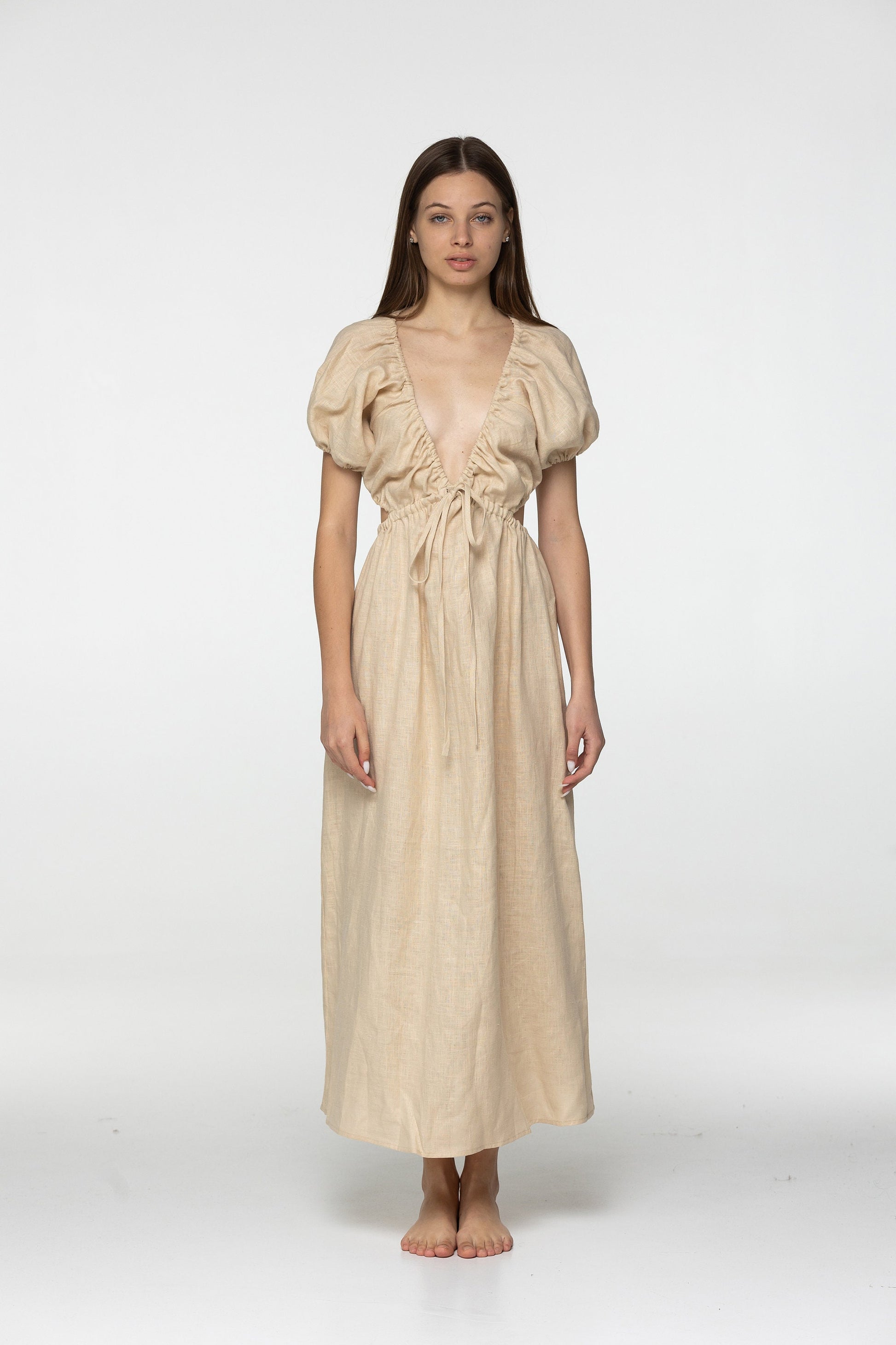 Oat linen dress Flora Plunging neckline open back long linen dress with puffy sleeves Low cut beige dress with plunge back Custom sizes