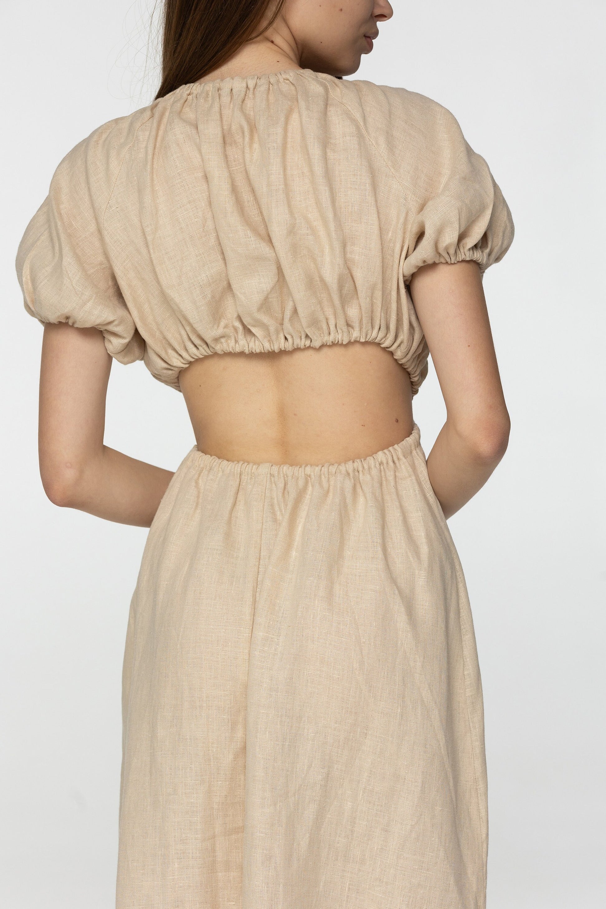 Oat linen dress Flora Plunging neckline open back long linen dress with puffy sleeves Low cut beige dress with plunge back Custom sizes