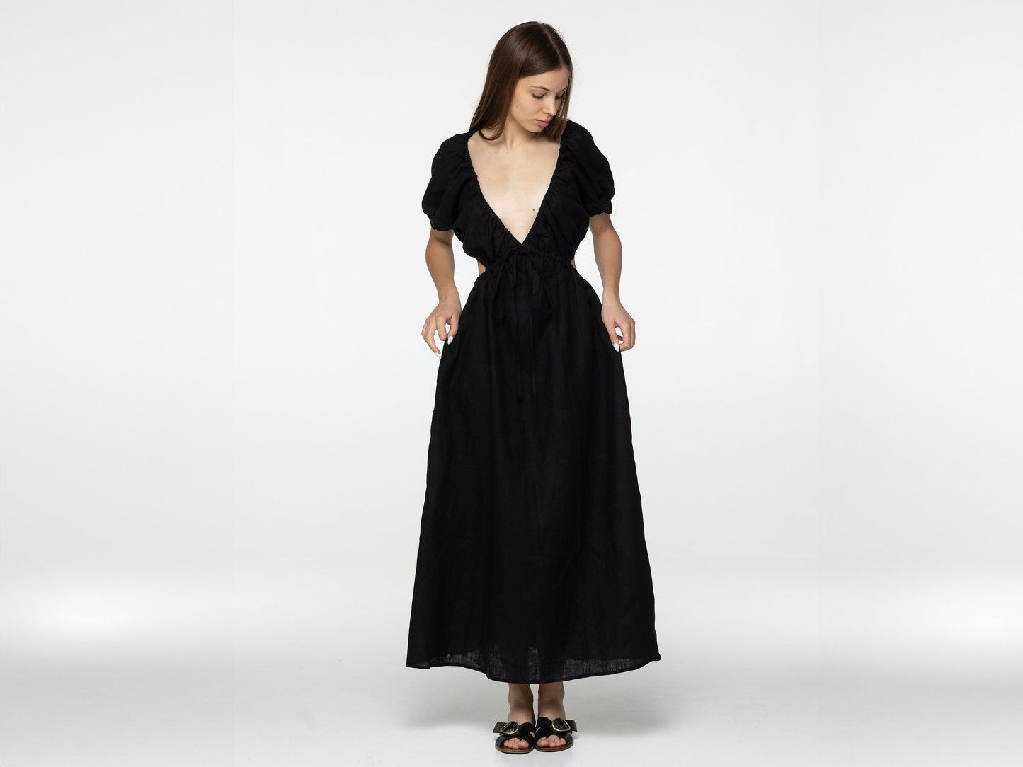 Black linen dress Flora Plunging neckline open back long linen dress with puffy sleeves Low cut linen dress with plunge back Custom sizes