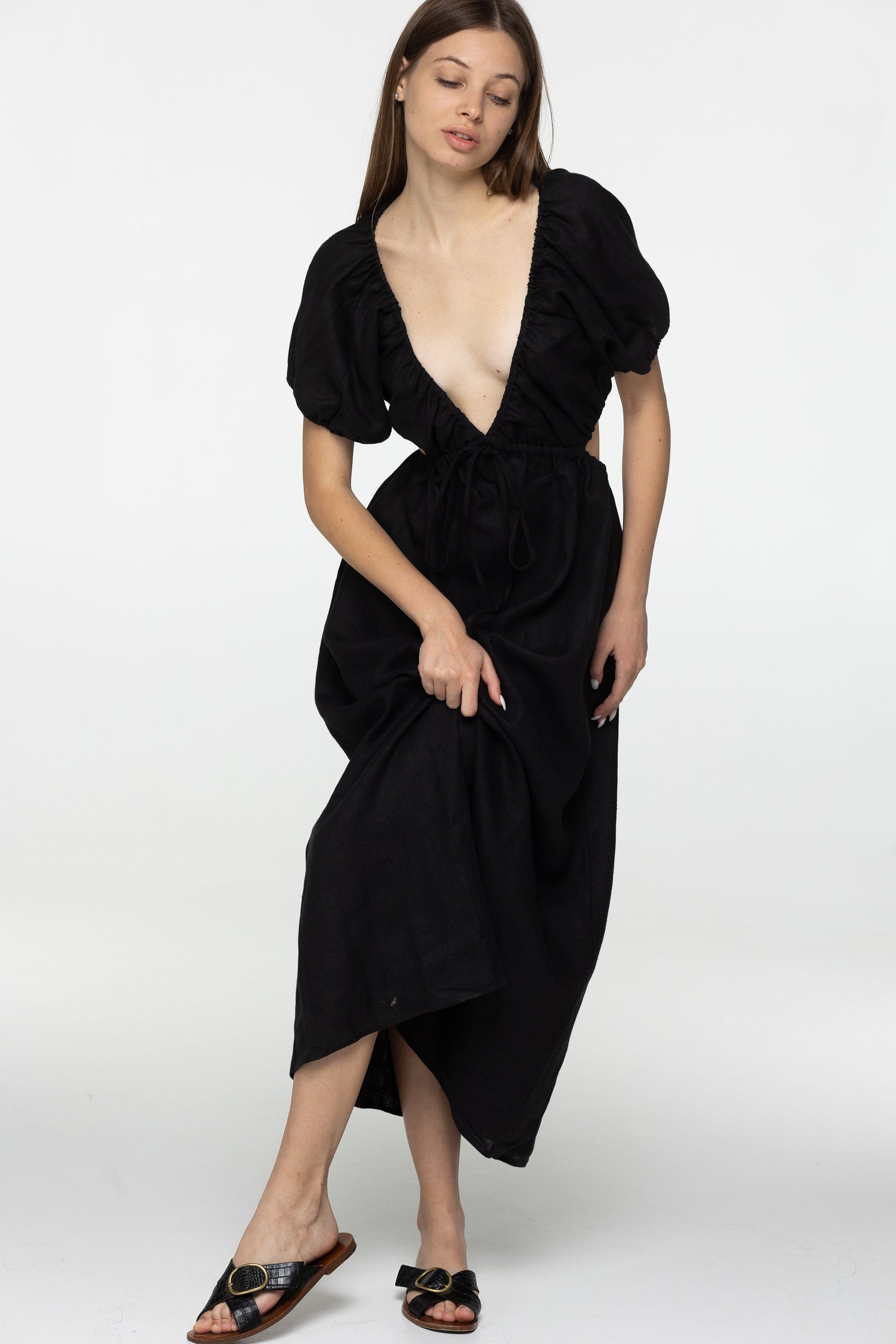 Black linen dress Flora Plunging neckline open back long linen dress with puffy sleeves Low cut linen dress with plunge back Custom sizes