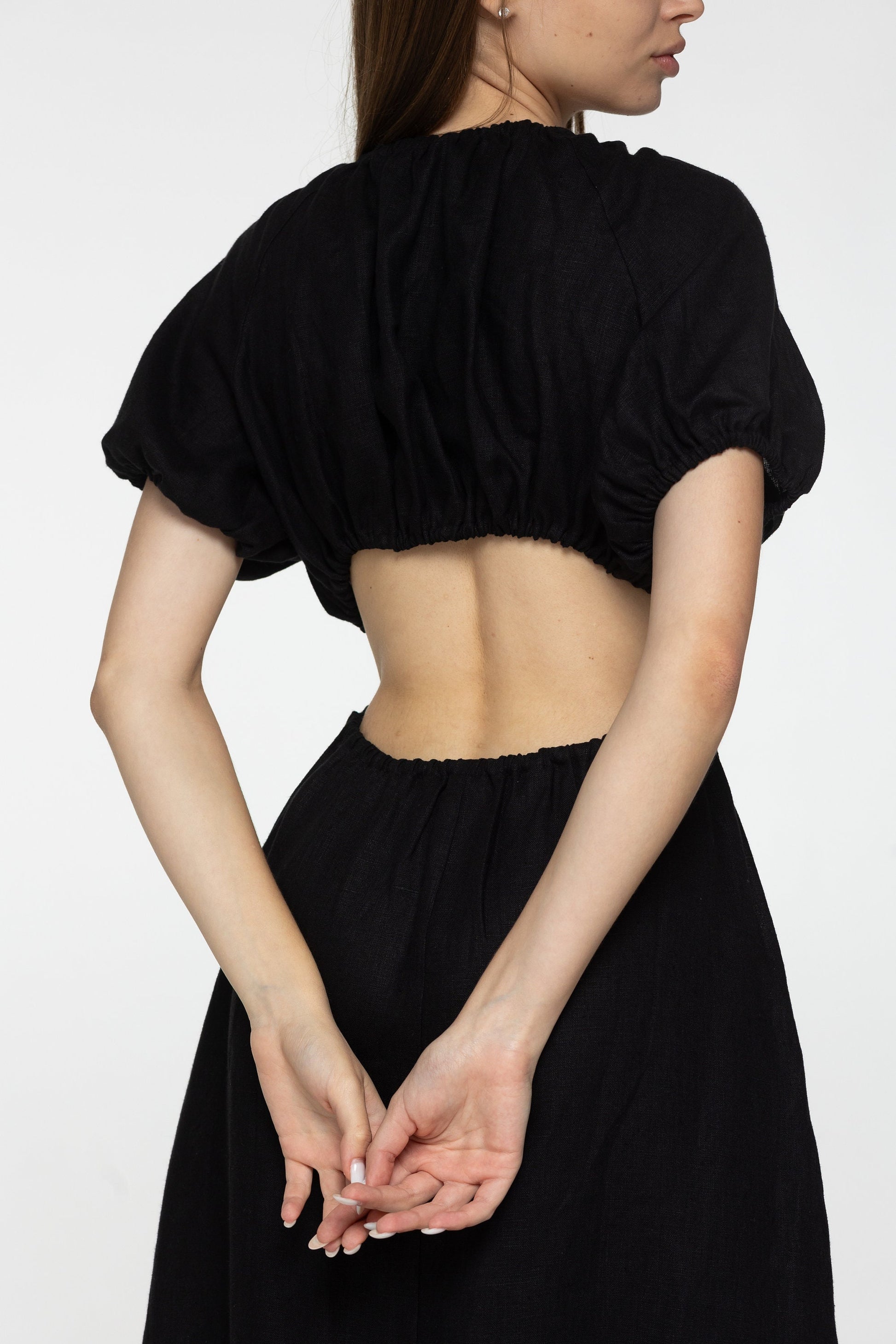 Black linen dress Flora Plunging neckline open back long linen dress with puffy sleeves Low cut linen dress with plunge back Custom sizes