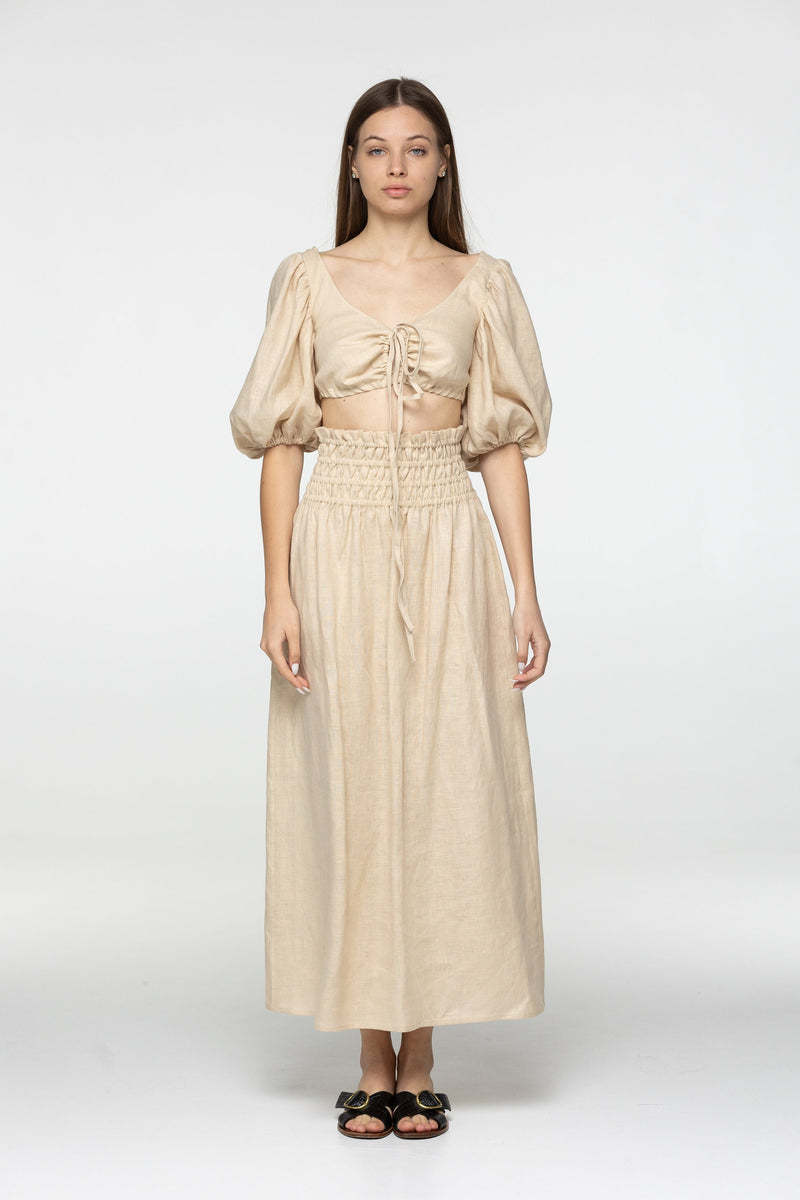 Loose Oat linen maxi skirt Kiara Wide comfortable elastic waistband High waist romantic linen skirts with slit Custom Plus size