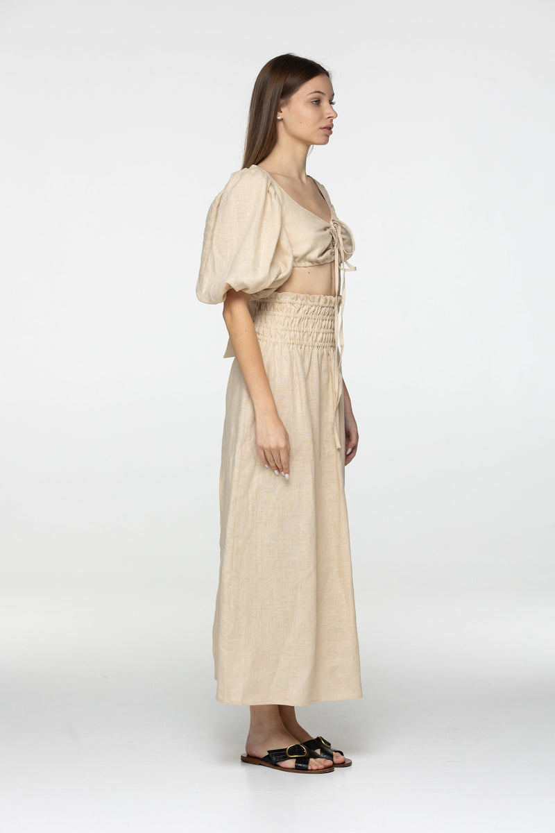 Oat linen wrap crop top Jasmine Flax romantic open back top Linen clothing Elegant blouse with puffed sleeves Beige tie back top