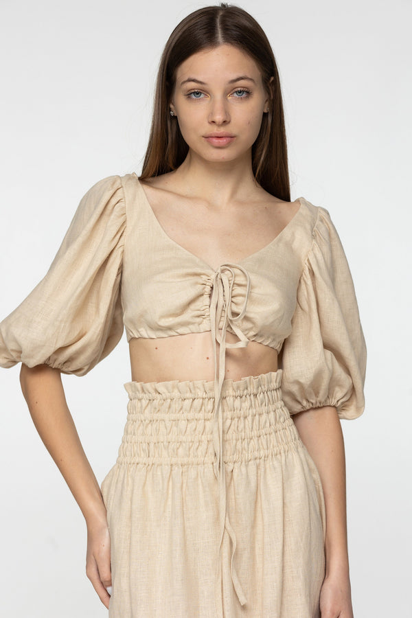 Oat linen wrap crop top Jasmine Flax romantic open back top Linen clothing Elegant blouse with puffed sleeves Beige tie back top